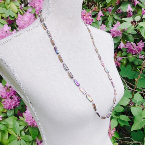 Y2K Iridescent Stick Pearl Necklace AB Resin Beads Long Layering Toggle Clasp - Picture 7 of 11